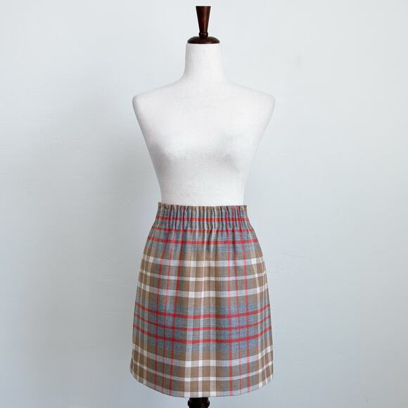 J. Crew Plaid Tan Wool Blend Elastic Waist Mini Skirt - Picture 2 of 7